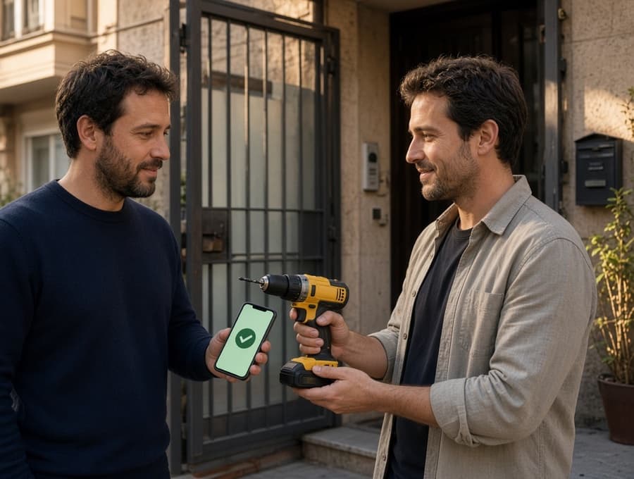 Entrega de una herramienta alquilada entre dos vecinos
