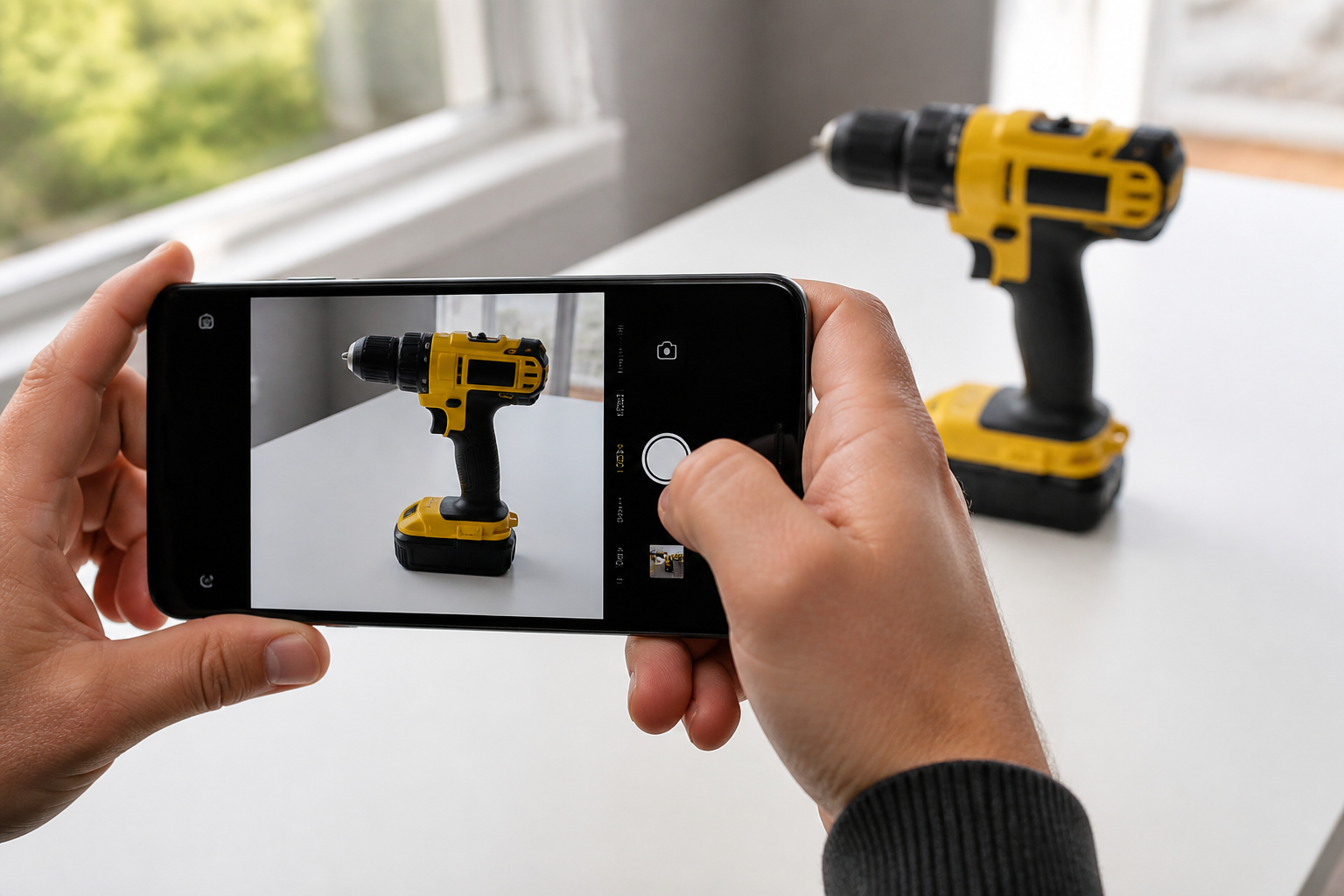 Persona fotografiando una herramienta para su anuncio