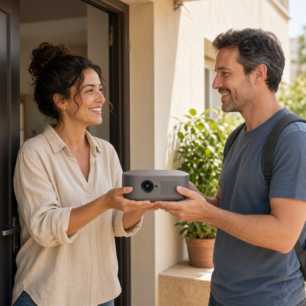 Vecinos intercambiando un proyector en un alquiler entre particulares